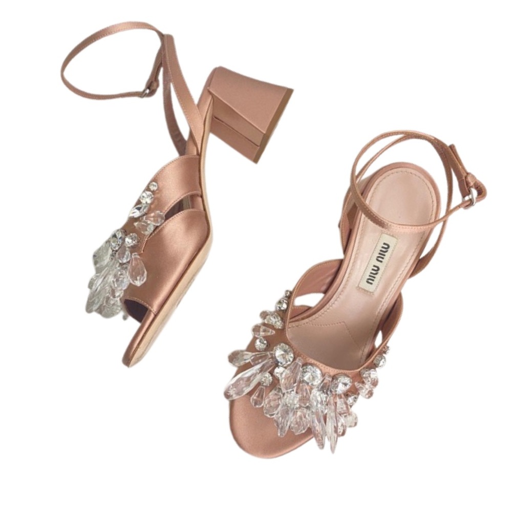 Miu Miu Natural Crystal Block Heel Sandals Nude